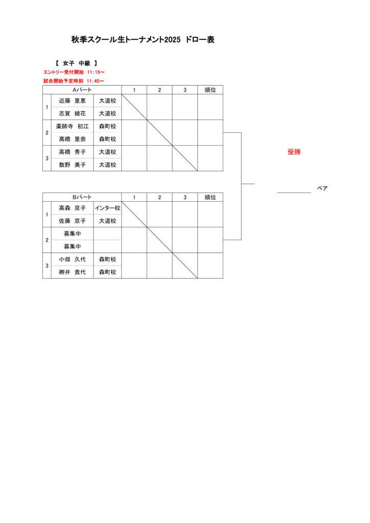 秋季スクール生トーナメント2025　仮ドロー表※10.1リドロー分女子中級のサムネイル